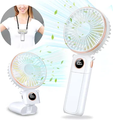 EYERZ Handheld Fan mit LED-Anzeige, 5200 mAh Akku, wiederaufladbar, tragbarer Mini-Fan mit Lanyard, 6 Geschwindigkeitsstufen, faltbares USB-A