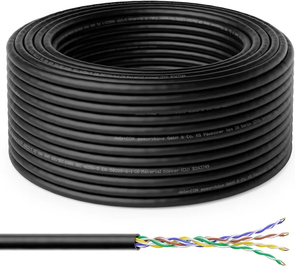 deleyCON 20m CAT6 Utomhus Installationskabel Nätverkskabel 1000 Mbit Gigabit - Kopper (CU) Solid Installationskabel LAN Ether Best Deal