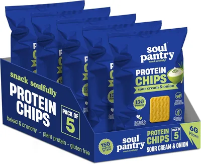 Soul Pantry Sour Cream & Onion Protein Chips (5 Pack) - 15g High Protein, Vegetarian, Low Calorie