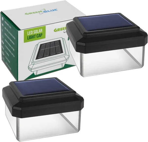 Green Blue LED Solar Post Light 60x60mm Umbrella Roof Neutral Light 4000K Twilight Sensor Wireless Mount Replaceable Battery Pack of 2