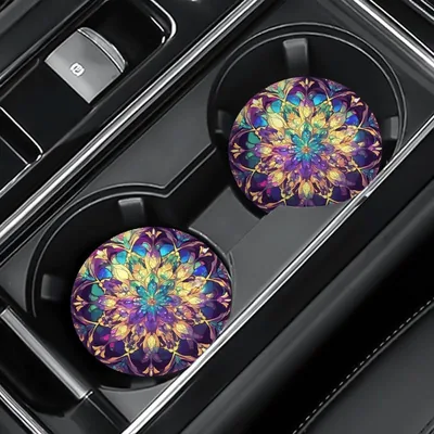 2pcs Purple Flower Car Coasters Gold Mandala - Best Deal