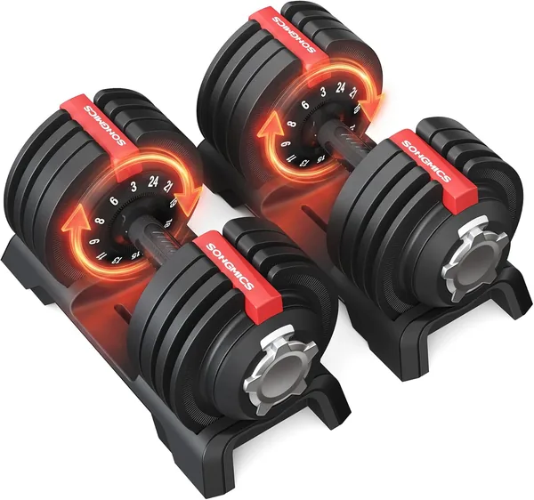 SONGMICS Träningsdumbellset 2 st, Justerbara dumbbellar 12-i-1, 3kg - 24kg, Rättväxande, Antislip-hållbarhet, Med stånd, Fitness och