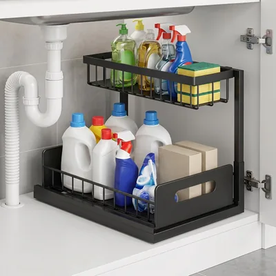 Under Sink Organizer 2-Tier Pull-Out Storage Rack & Drawer