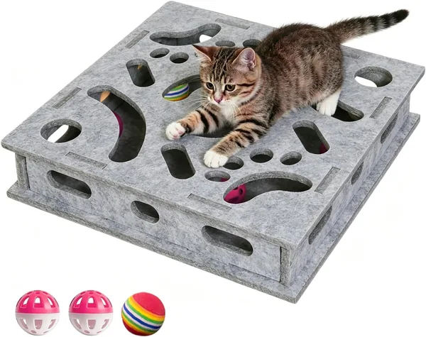 Juguete interactivo para gatos TELAOBAN, caja de laberinto de fieltro mental para gatos interiores, caja de rompecabezas con 3 bolas de campana, para gatos interiores, K