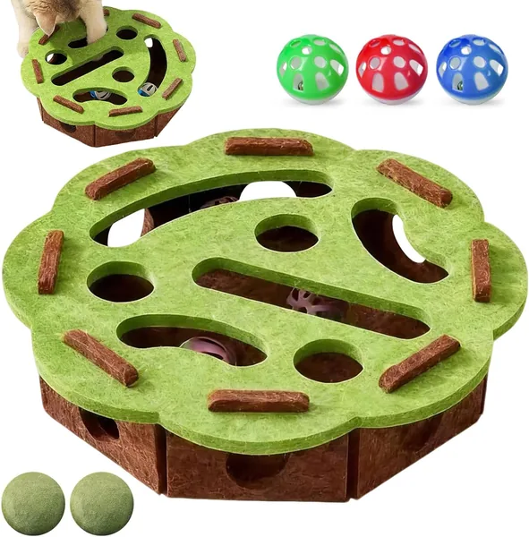 Juego interactivo de gata TELAOBAN, caja de laberinto de fieltro mental para gatos, caja de rompecabezas con 3 pelotas de campana, para gatos interiores