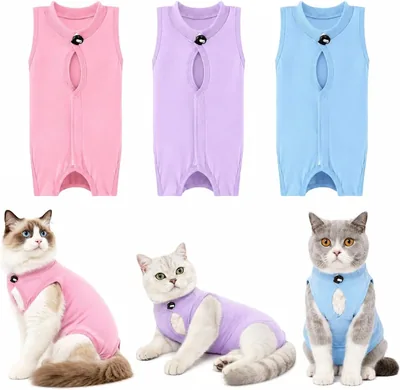 Traje de Recuperación para Gatos de 3 Piezas, Algodón Transpirable, Cordón Ajustable, Velcro Ancho y Bordes Elásticos