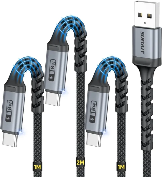 SUNGUY USB Cケーブル 3本セット（1m×2本 + 2m）、超耐久性、USB-A to USB-C、最大1A