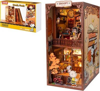 Puremind Snoopy Peanuts Book Nook Kit, 9.3" 3D Wooden Puzzle DIY Miniature with LED Lights