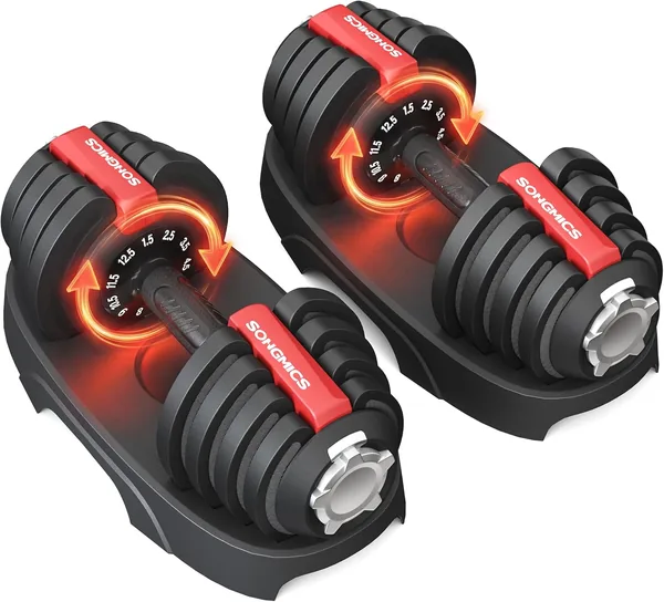SONGMICS Dumbbellar Paket med 2, Justera dumbbellar 11-i-1, 1.5 kg - 12.5 kg, Platsbesparande, Anti-slipväxling med stånd, Fitness