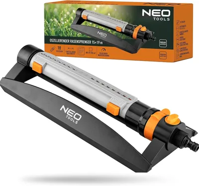 NEO TOOLS Sprinkler für Rasen 15 x 19 m Reichweite, Quadratischer Sprinkler mit verstellbarer Breite, Größte Bewässerungsfläche