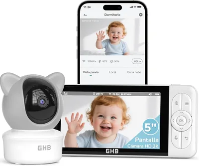 Cámara de Vigilancia para Bebés GHB WiFi 2K 5 Pulgadas con PTZ - 350°/65° Detección de Movimiento/Sonido/Temperatura/Humedad - Noche