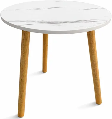 Toshionics Round Marble Finish Side Table - 60x50cm MDF Coffee Table with Wooden Legs, Accent Table for Living Room (5% Off)