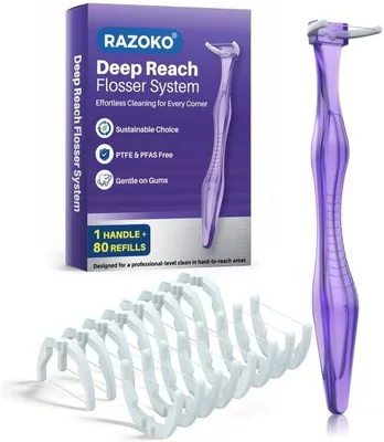 RAZOKO Deep Reach Dental Flosser System - 80 Refill Heads + Handle Best Deal