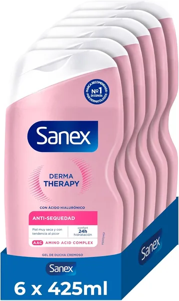 Gel de ducha Sanex Derma Therapy Anti-Seco Cremoso, 6 x 425ml | Gel para piel seca | Alivia la sequedad y reduce la picazón