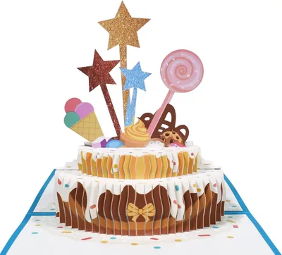 3D Pop-Up Birthday Card Blue Cake Design Glitter Stars 15x15cm