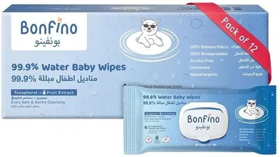Bonfino Hypoallergenic Baby Wipes 27% Off: 99.9% Water, Alcohol & Fragrance-Free, Biodegradable Bamboo (Pack of 12 - 720 Pieces)