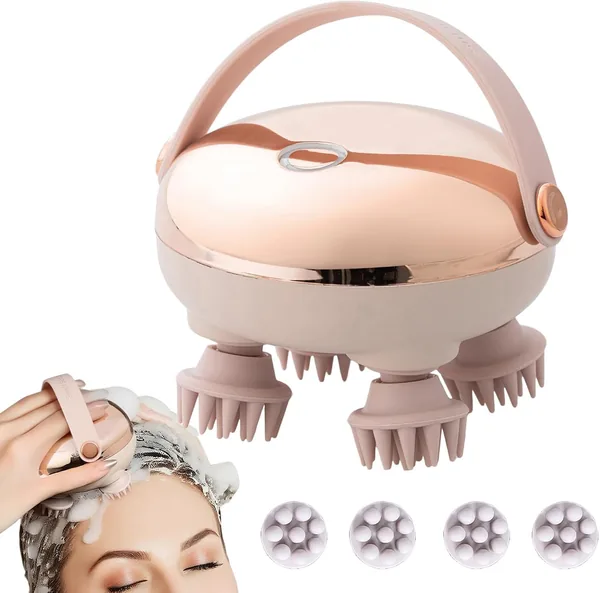 SKY-TOUCH Handheld Head Massager,Full Body Portable Massager,2 Massage Modes with 4 Silicone Massage Heads, 360 Rotating Kneading, Wet & Dry Use