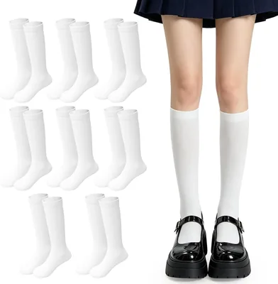 8 Pares de Calcetas Escolares Blancas para Niña de 3 a 18 Años - Calcetines Largas, Mezcla de Algodón, Antitranspirante, Duraderas