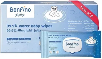Bonfino Hypoallergenic Baby Wipes, 99.9% Water, Alcohol & Fragrance-Free, Biodegradable Bamboo, Pack of 9-540 Pieces