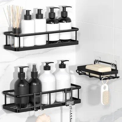 Paquete de 3 Estanterías de Ducha para Baño, Sin Taladro, Repisa de Pared con Gancho, Acero Inoxidable, para Baño y Cocina - Alma