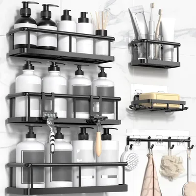HBKUUY Paquete de 6 Estanterías de Ducha para Baño, Estante Sin Taladro, Repisa Pared con Gancho, Acero Inoxidable, Ideal para Baño y Cocina