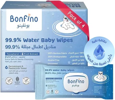Bonfino Hypoallergenic Baby Wipes, 99.9% Water, Alcohol & Fragrance-Free, Biodegradable Bamboo, Pack of 4 (240 Pieces) - Best Deal