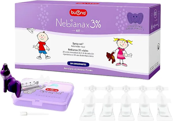 Buona Nebianax 3% Children's Nasal Nebulizer Kit - 20 Vials of Hypertonic Solution with Hyaluronic Acid + Spray-Sun Device with Elephant
