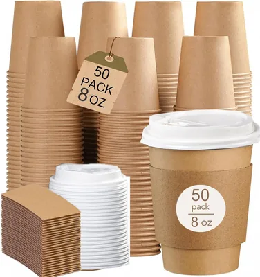 50 Pack Paper Coffee Cups with Lid & Sleeve - Best Deal