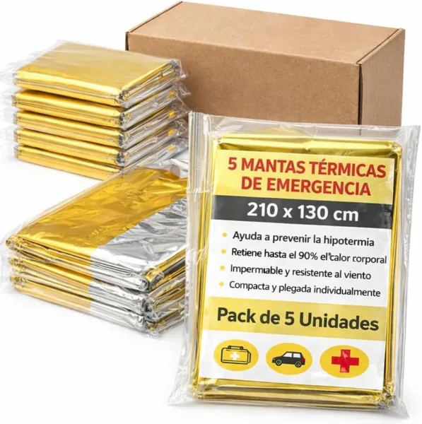 Emergency Thermal Blanket Pack of 5 - Double-Sided Aluminised Survival Blanket Gold/Silver 210 x 130 cm - Hypothermia Prevention for Car, Mountain, Camping and First Aid (5)