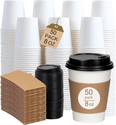 50 Pack Paper Coffee Cups Black Lid Kraft Sleeve 8 oz Best Deal