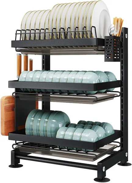 3-Tier Stainless Steel Dish Drying Rack with Utensil Holder & Drain Tray