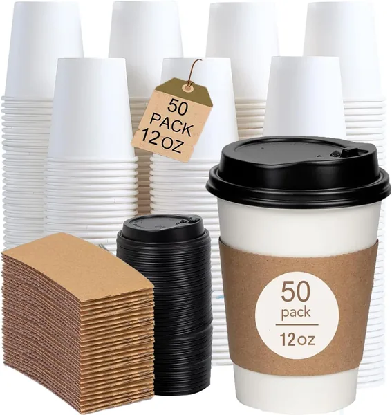 50 Pack Paper Coffee Cups Black Lid Kraft - Best Deal