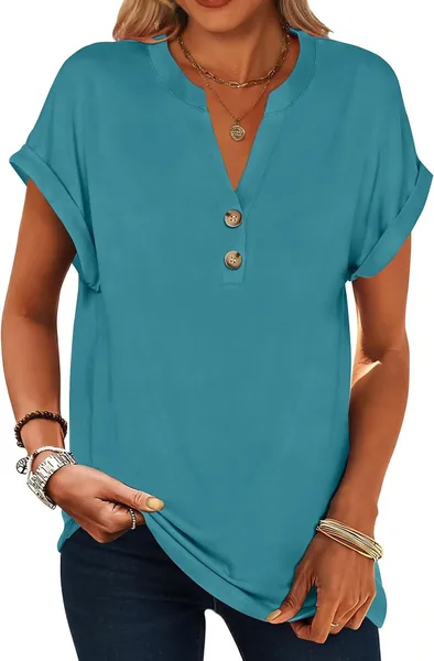 isermeo Womens Short Sleeve Henley Tops V Neck Dressy Casual Blouses Summer Tee Shirts 2026 Trendy Button Clothes S-XXL