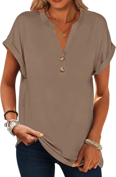 isermeo Womens Short Sleeve Henley Tops V Neck Dressy Casual Blouses Summer Tee Shirts 2026 Trendy Button Clothes S-XXL
