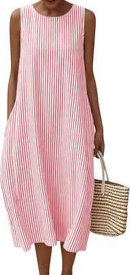 LOMON Cotton Maxi Dress - Plaid Striped Beach Sundress Best Deal