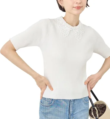 ROPE' PICNIC Women's Knit Lace Collar Half Sleeve Rib Knit
