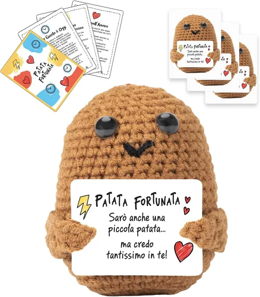 BWAY Patata Fortunata Italiano con Omaggio 3 Card Motivazionali e 3 Stickers con Pupazzo Portafortuna Simpatico - Regalo Donna Compleanno