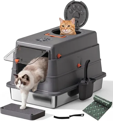 LEQI 3 en 1 Arenero para Gatos de Acero Inoxidable | Triple Protección Antiolores: Base de Aero + Filtro de Carbón Activo + C