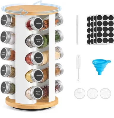 Sonics Tourne-épices avec 20 Bocal en Verre, Organisateur de Cuisine, Tourne-épices, avec Étiquettes, Fondues, Marqueur, Pinceau, Mat