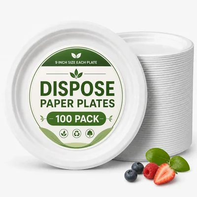 9 Inch Disposable Plates, 100 Pack, Heavy Duty White, Microwave Safe & Leak Resistant