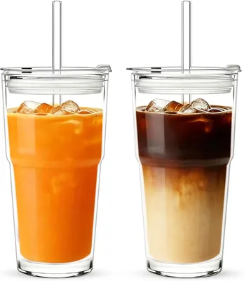 Ytwehela 2 Stück 600ml Doppelwandige Glaskollektion, Großes Glas mit Deckel und Strohhalmen, Stapelbare Tassen, Spülmaschinengeeignet