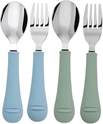 Baby Spoon & Fork Set, Stainless Steel + Silicone, BPA Free, Dishwasher Safe, 4 Pieces