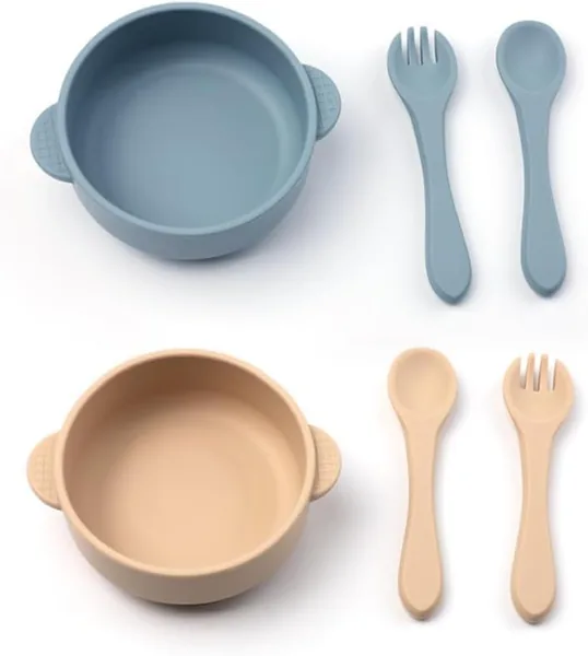 Baby Silicone Feeding Set BPA Free Suction Bowl Spoon Fork Blue 6 Piece