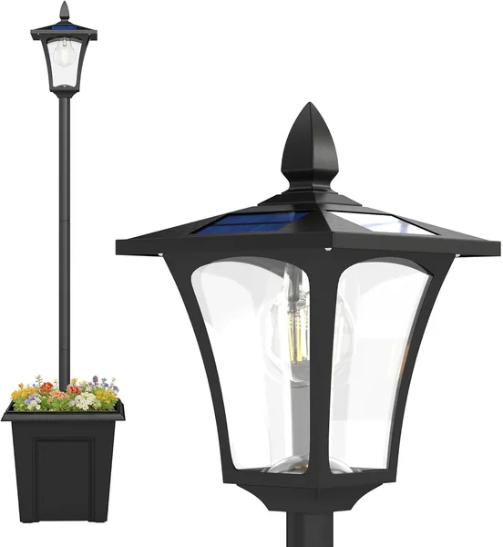 Outsunny Outdoor Solar Garden Street Light with Flowerpot, LED Outdoor Solar Light, Aluminium Pole, Waterproof IP44, Automatic On/Off, for Terrace, Patio