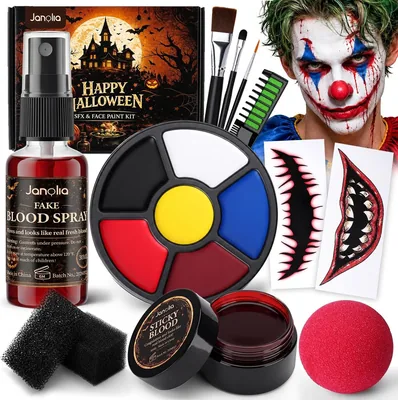 Janolia Maquillaje Halloween, Kit de Payaso para Maquillaje con Pintura Facial, Sangre Artificial, Nariz de Payaso y Pintura de Cara