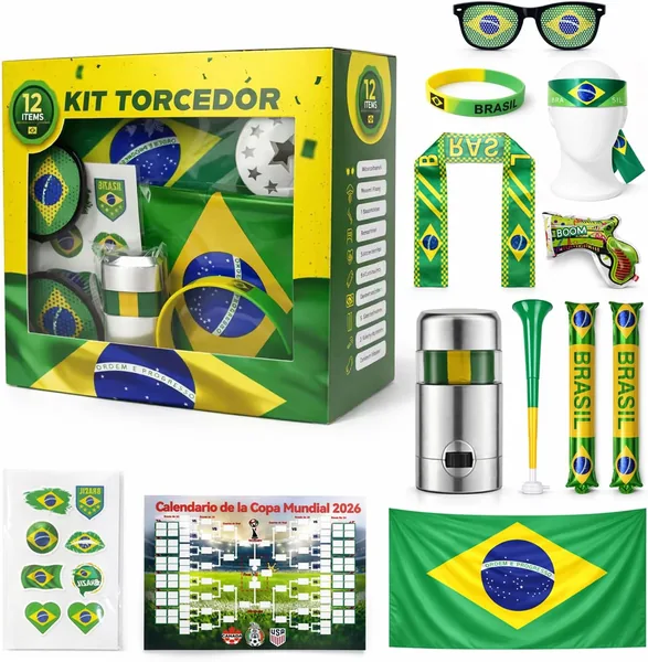 Kit Torcedor Brasil Copa do Mundo 2026 Completo - 12 Peças: Bandeira, Corneta, Pintura Facial, Tatuagem, Óculos, Pulseira, Bastões