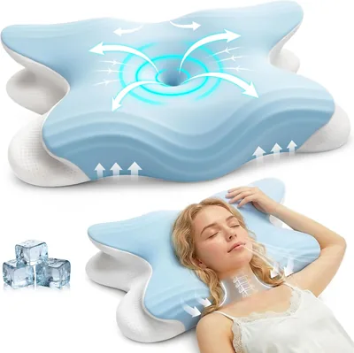 HONFAY Memory Foam Pillow Blue 62x42cm - Neck Pain Relief