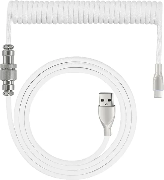 Upgraded Custom Coiled USB C Cable for Gaming Keyboard,Mechanical Keyboard Cable with Detachable Metal Aviator, 1.8M USB-C to USB-A (White)