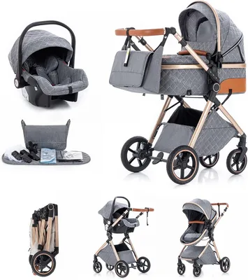 Kakbgee 3 en 1 Carrito con Asiento de Coche, Carrito de Bebé Plegable, 7 Alturas, Suspensión de 4 Ruedas, Cubierta de Lluvia y Red contra Mosquitos, Tr