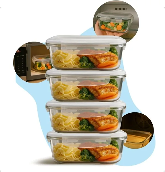 Kit com 4 Potes de Vidro Herméticos, 1040ml, Retangulares, Transparentes, Tampas com Trava, Sem BPA, Perfeitos para Marmitas - Best Deal